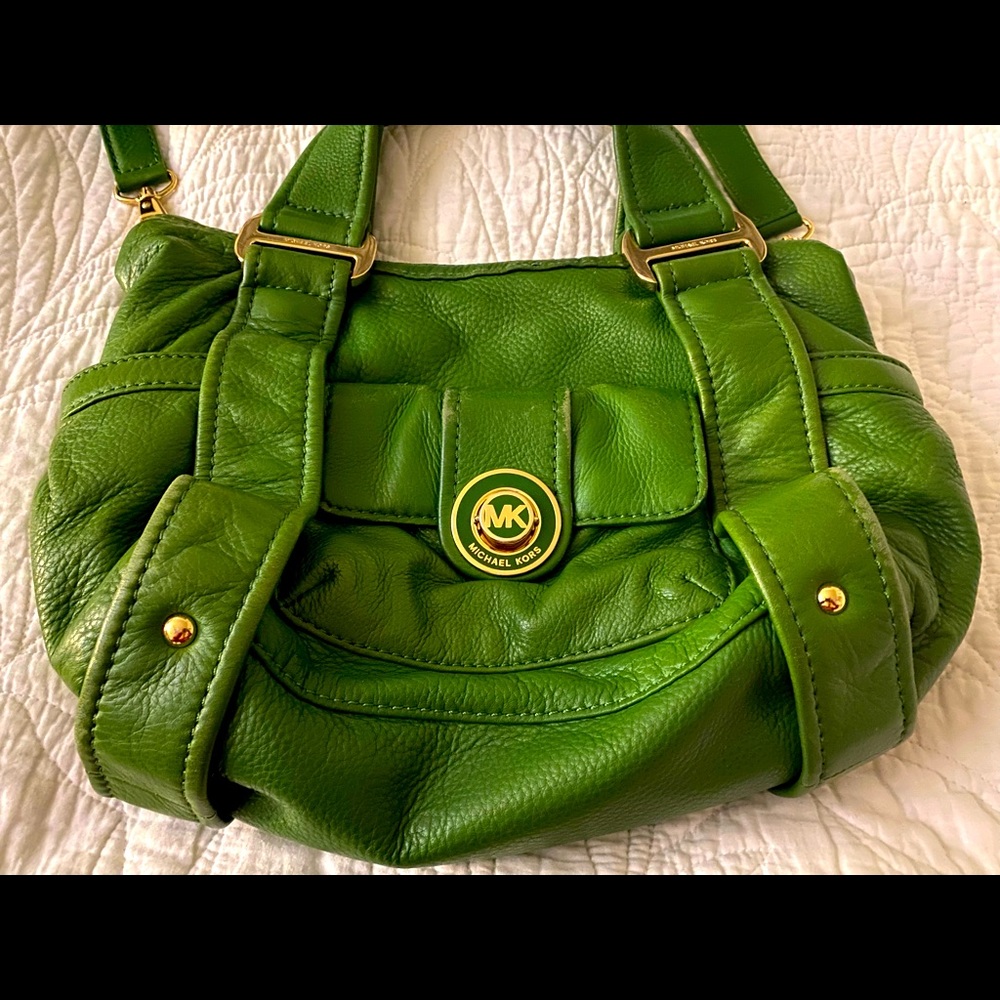 Michael Kors Kelly Green Leather Korina Satchel with Crossbody Strap